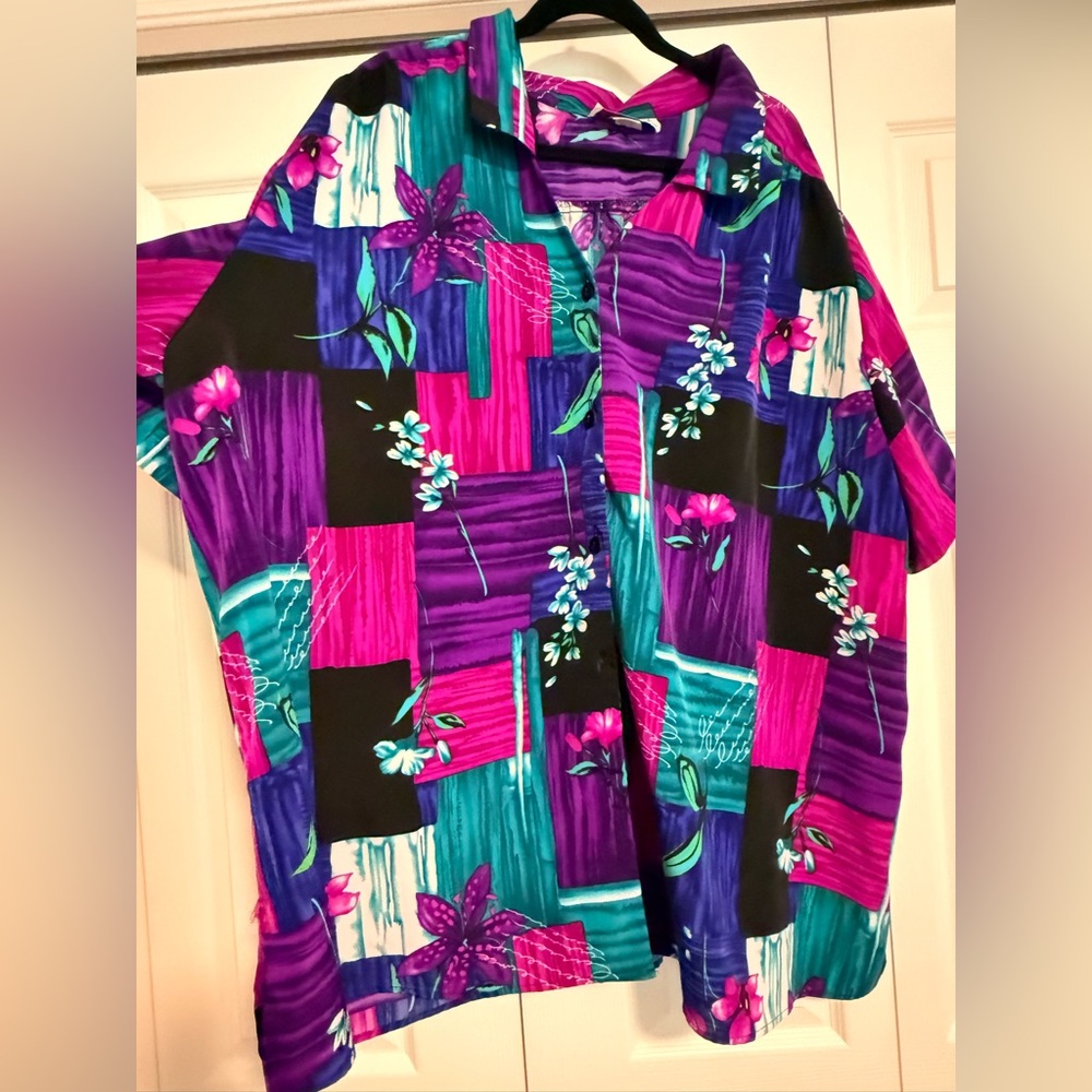 Vintage Floral Patchwork Button-Up Shirt - Pink, Teal & Purple